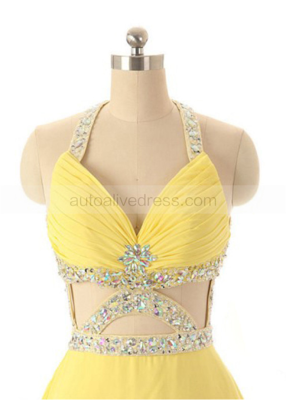 Yellow Chiffon Beads Backless Sexy Short Prom Dress 